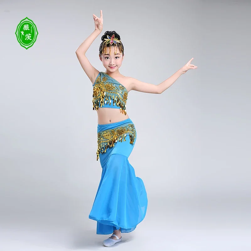 Costume da ballo Dai per bambini Costumi di danza del pavone per ragazze Costume da spettacolo per danza del ventre a coda di pesce per bambini