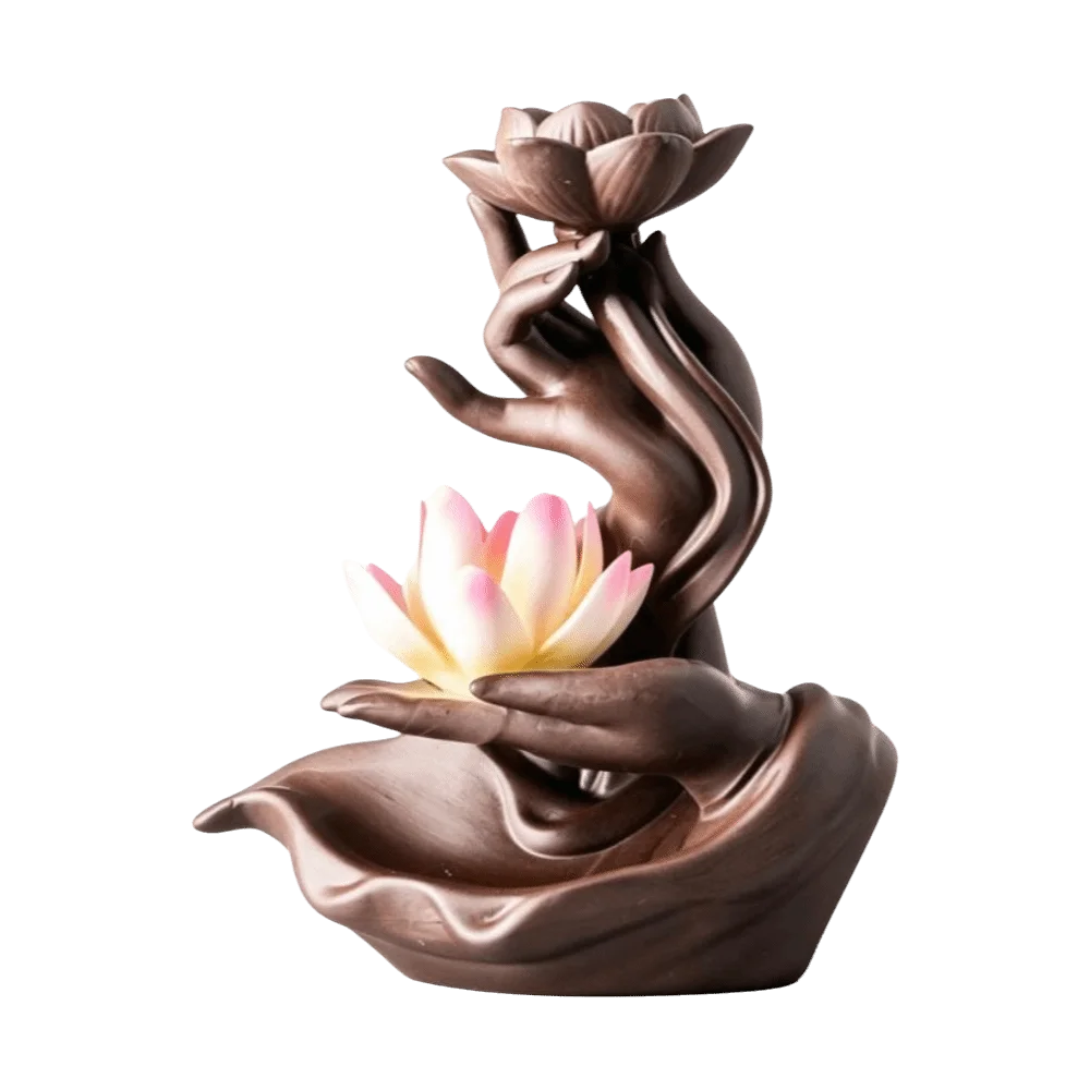Ceramic Backflow Incense Burner Buddha Hand Shape Lotus Flower Incense Stick Holder Zen Ash Catcher Reflux Incense Burn Tray