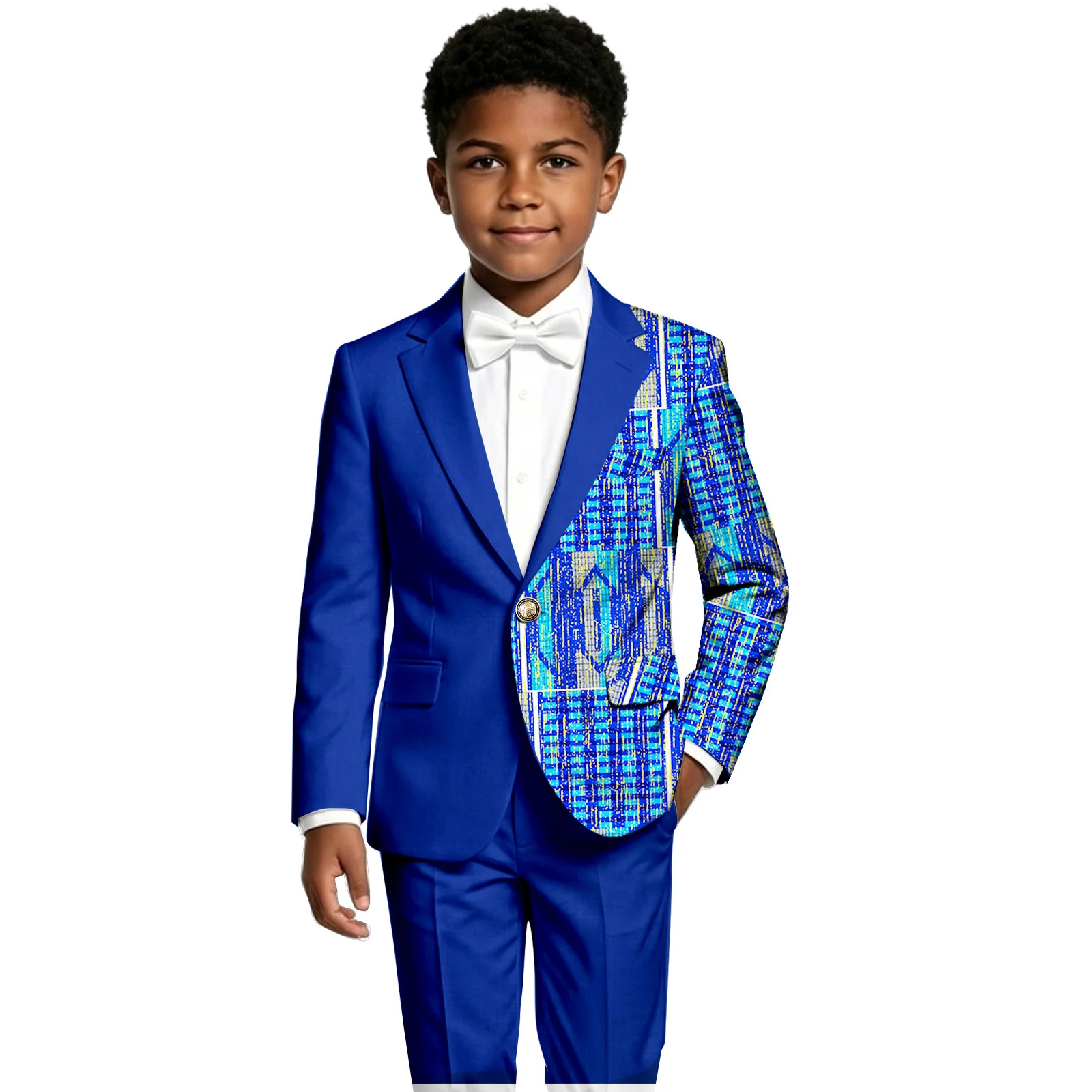 

African Suits Boys 2 Piece Set Kente Print Tuxedo Ankara Color Block Blazer Pants Dashiki Outfit Prom Clothing