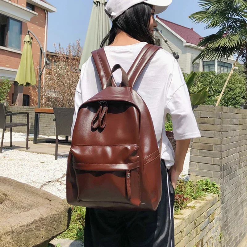 Backpack for Women 2024 New Street Trend High School Backpack with Large Capacity, Solid Color PU Leather Student Backpack