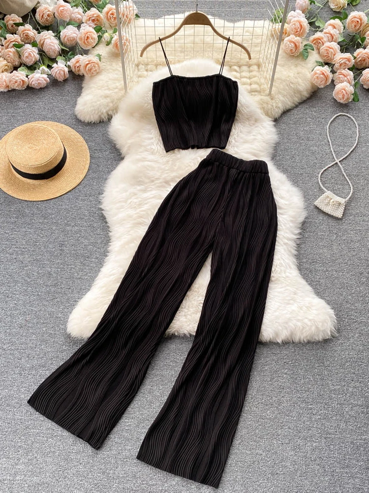 Women Summer Fashion Pants Set Spaghetti Strap Short Tops & High Waist Long Pants Two Piece Suits