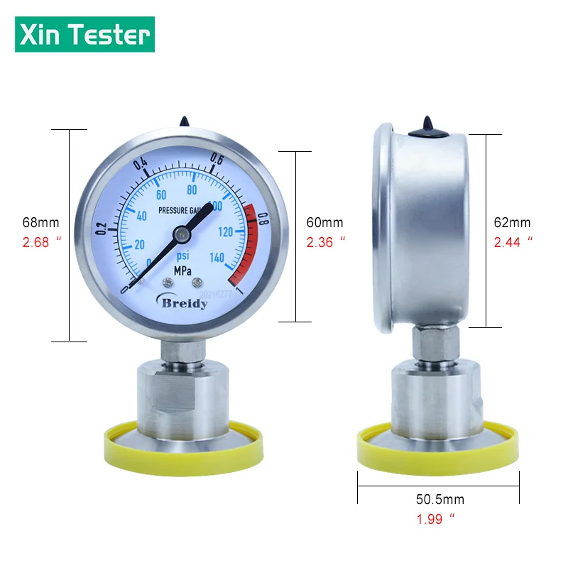 Xin Tester 0-2.5Mpa Air Glycerol Free Pressure Gauge Dia 60mm Stainless Steel Diaphragm Oil water Hydraulic Gauge YTP60