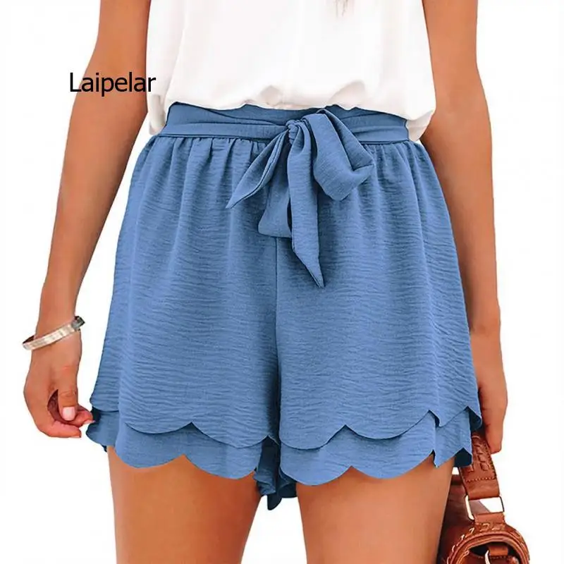 

Double-layered Petal Edge Women Shorts Solid Color High Waist Lace Bow-knot Belt Casual Shorts Summer