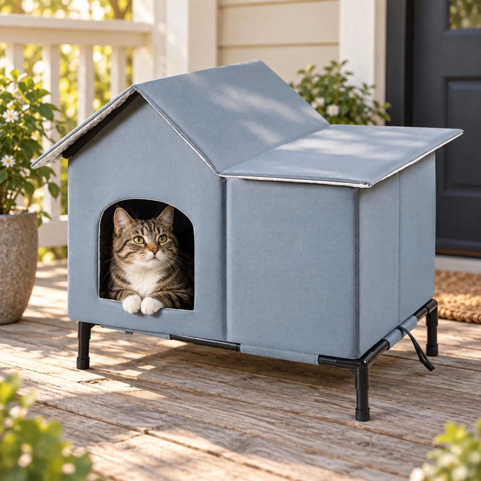 Outdoor Cat House Raised Cat House with Pitched Roof Cozy Enclosed for Stray Cats, Garden, Patio