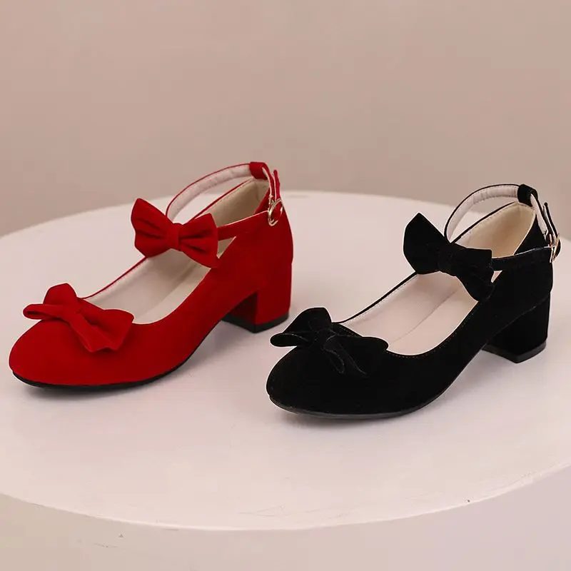 REAVE CAT Janes Pumps 32 33 Round Toe Block Heels 5.5cm Buckle Strap Bowknot Size 45 46 47 Flock Suede Shoes