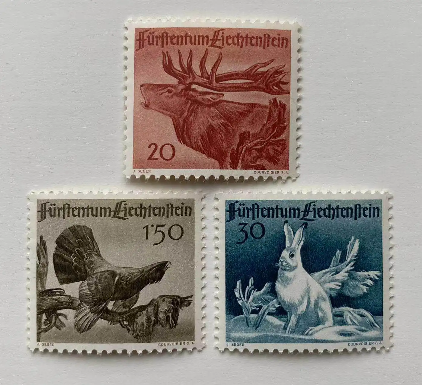 Image of 3 Stück/Set Neue Liechtenstein-Poststempel 1946 Rentier Kaninchen Vogel Briefmarken MNH