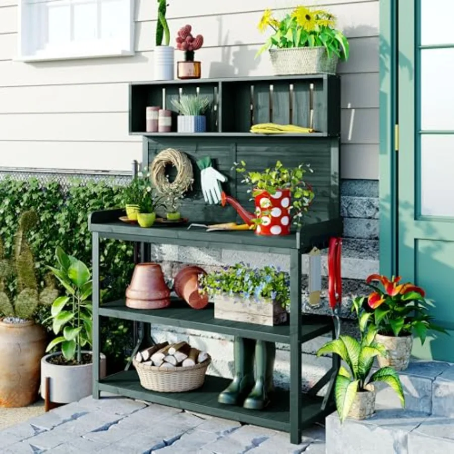 Potting Bench Table with Storage Shelves and Side Hook, Large Wooden Farmhouse Rustic Outdoor Patio Workstation, Garden Potting