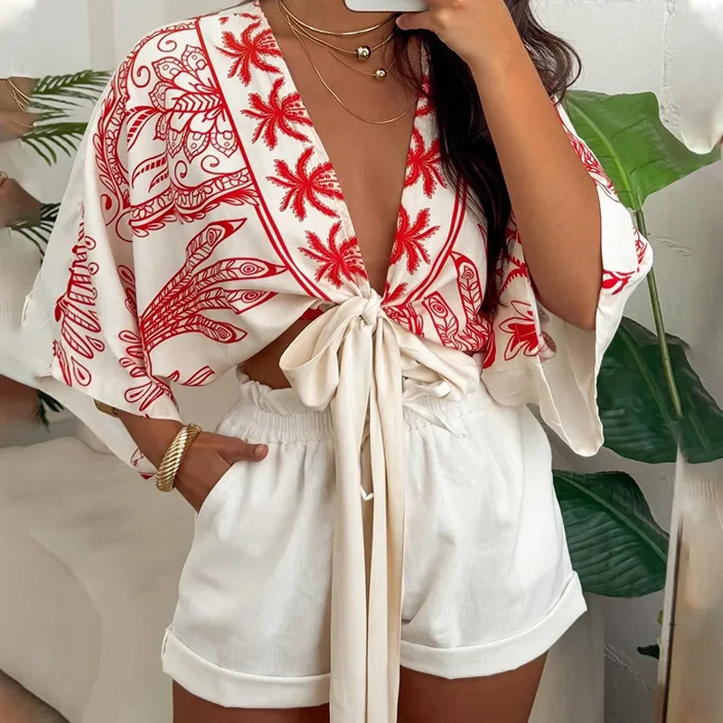 

CPSYMYM Women's Printed Sexy Short-sleeved Shirt Tops Summer New Casual Loose Fashion Lace Up Female Beach Versatile Cardigan