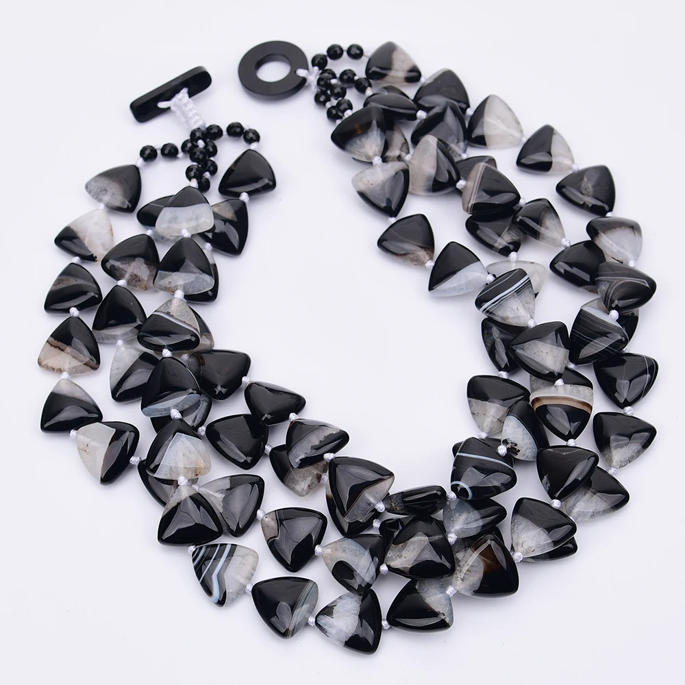 G-G 4 Rows Natural Black Uruguayan Agates Quartz Triangle Shap Stone Necklace Onyx Clasp