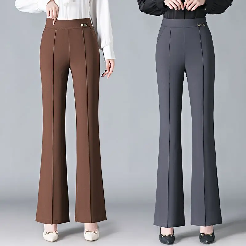 Simplicité hiver nouveau pantalon évasé femmes poches solides papillon bûche élastique taille haute décontractée Plus velours mince pantalon droit