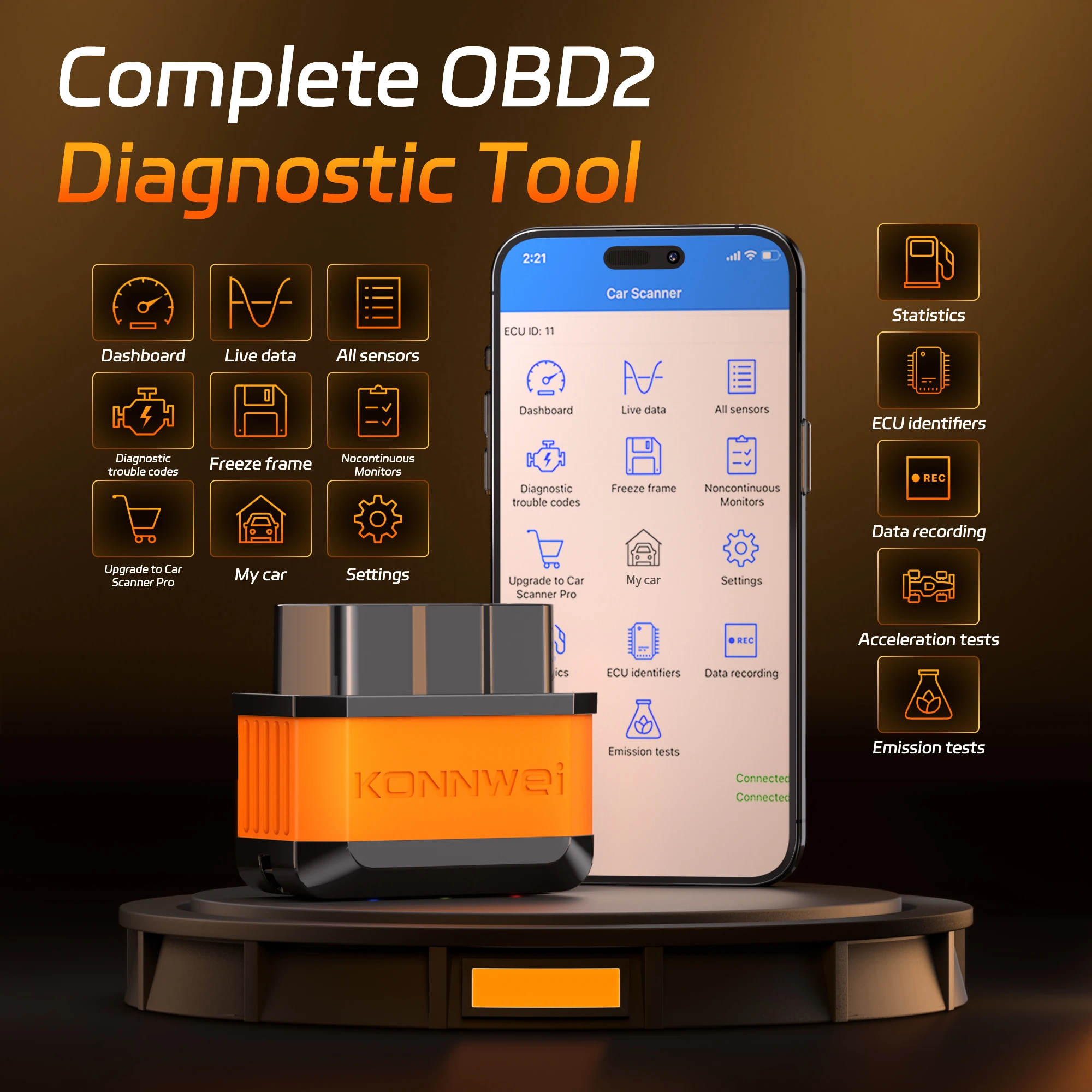 KONNWEI KW905 Bluetooth 5.0 Car ELM327 Diagnostic Tool 02 Sensor Test Engine Fault Scanner Tool Mini OBDII Code Reader Scanner