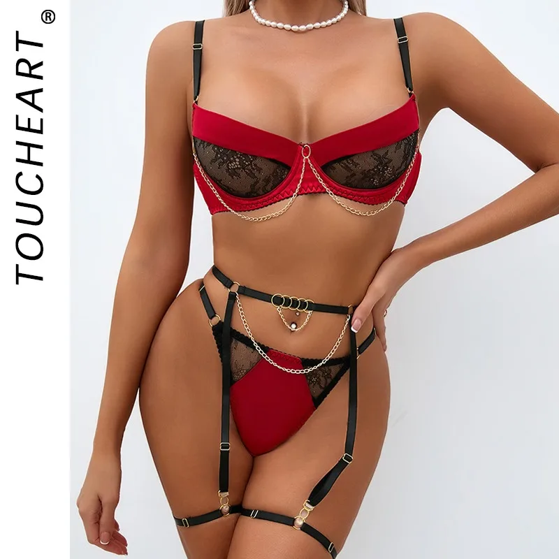 

Toucheart Sexy Lingerie Set Backless Shoulder Strap See-through Contrasting Color Lace Chain Halter Socks Versatile Lingerie