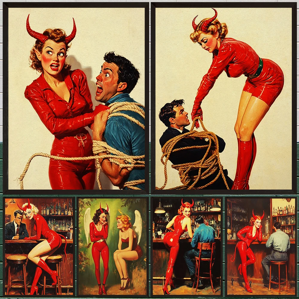 Temptation From The Succubus,Modern Art Poster And Print,The Desire Demon In The Bar,Funny Gothic Wall Art Canvas Painting