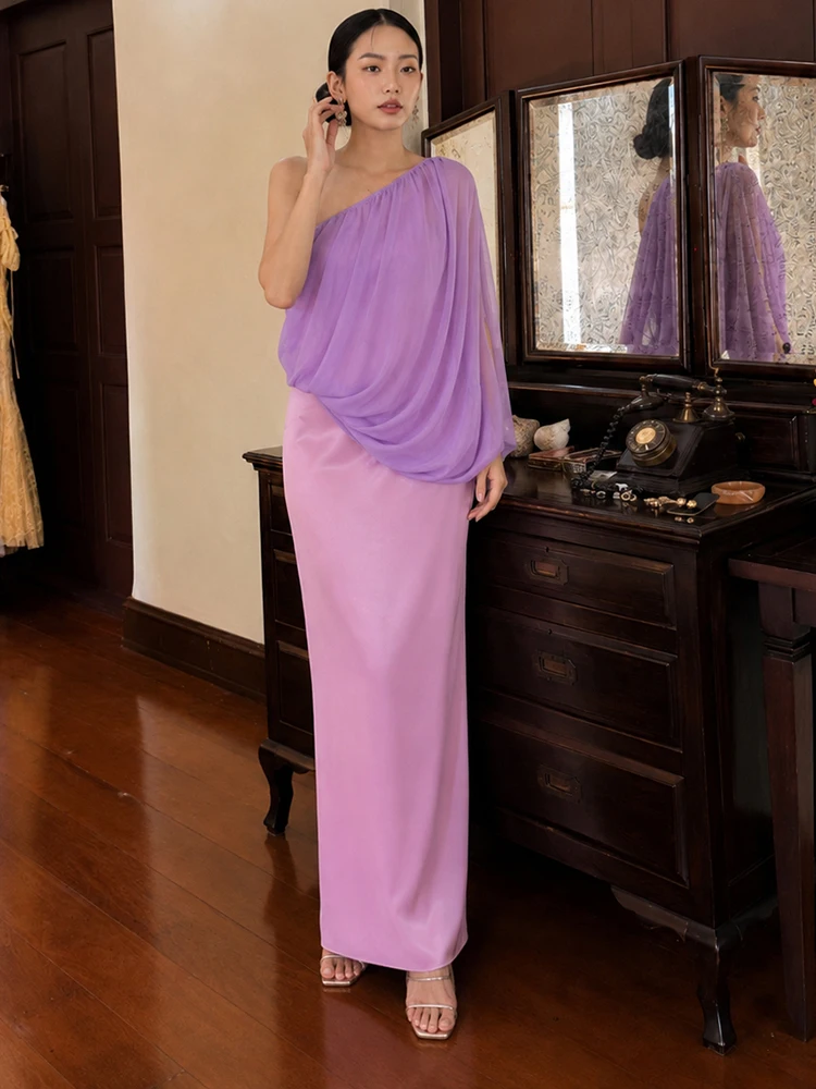2026 Purple One Shoulder Two Piece Maxi Dress, Flowy Chiffon Overlay Satin Slip Floor Length Evening Gown Summer Luxury Vestidos