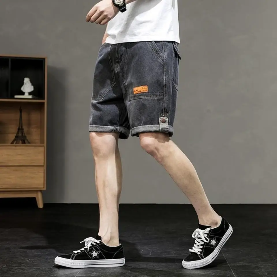 Summer Men Vintage Grey Denim Shorts Streetwear Fashion New Male Clothing Loose Straight Thin Big Size Casual Cargo Shorts Pants