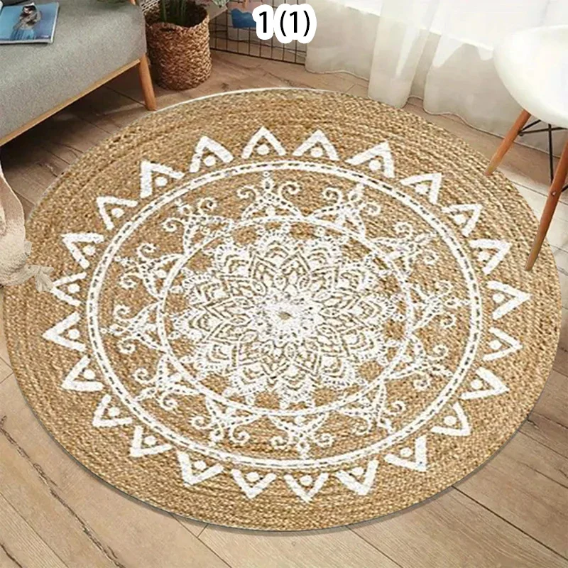 Natural Imitation Jute Texture Flowers Round Rug Boho Farmhouse Home Decor Carpet Non-Slip Soft Floor Mat for Living Room