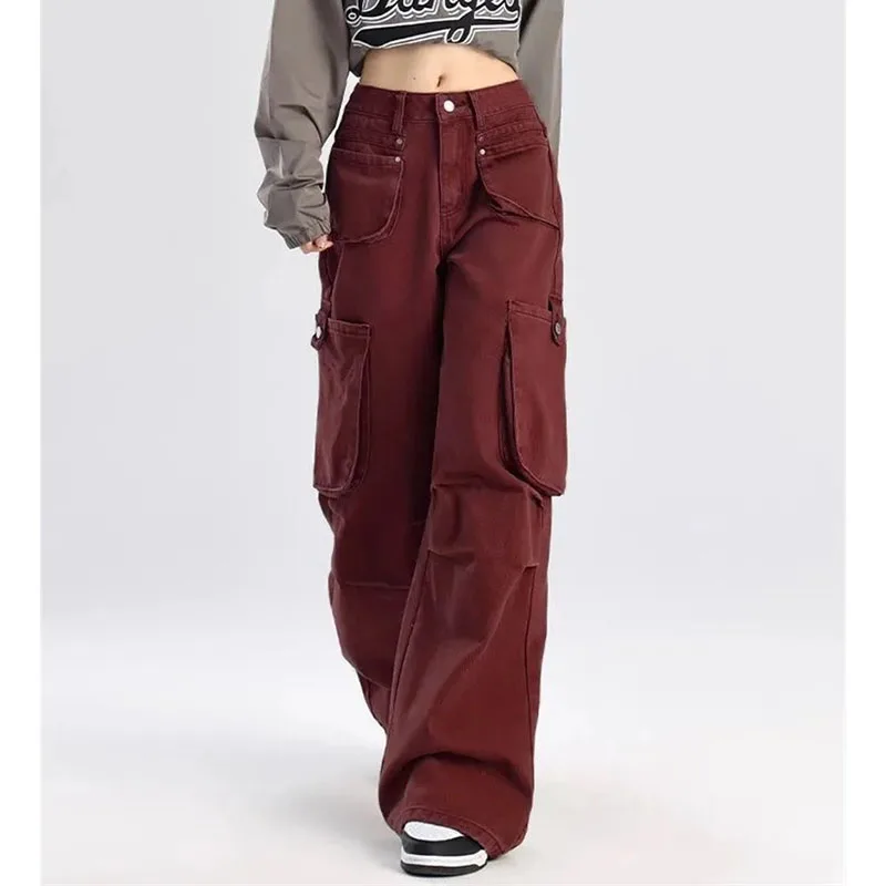 Spring Autumn Femme High Waist Denim Pantalons Ladies Multi Pocket Work Cowboy Straight-leg Trousers Korean Women Wide Leg Jeans