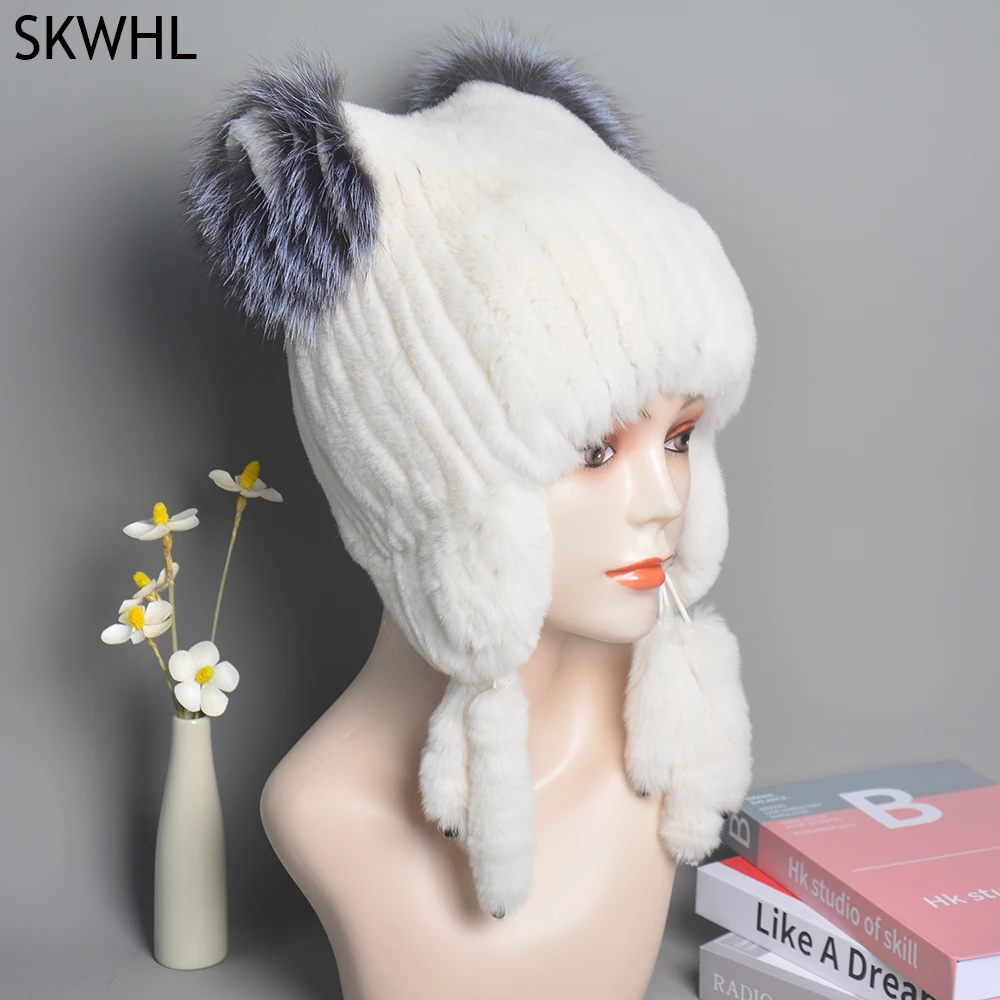 Winter Hats For Russian Women Real Rabbit Fur Knitted Hats Handmade Rabbit Fur Rex Warm High Quality Rabbit Fur Hats