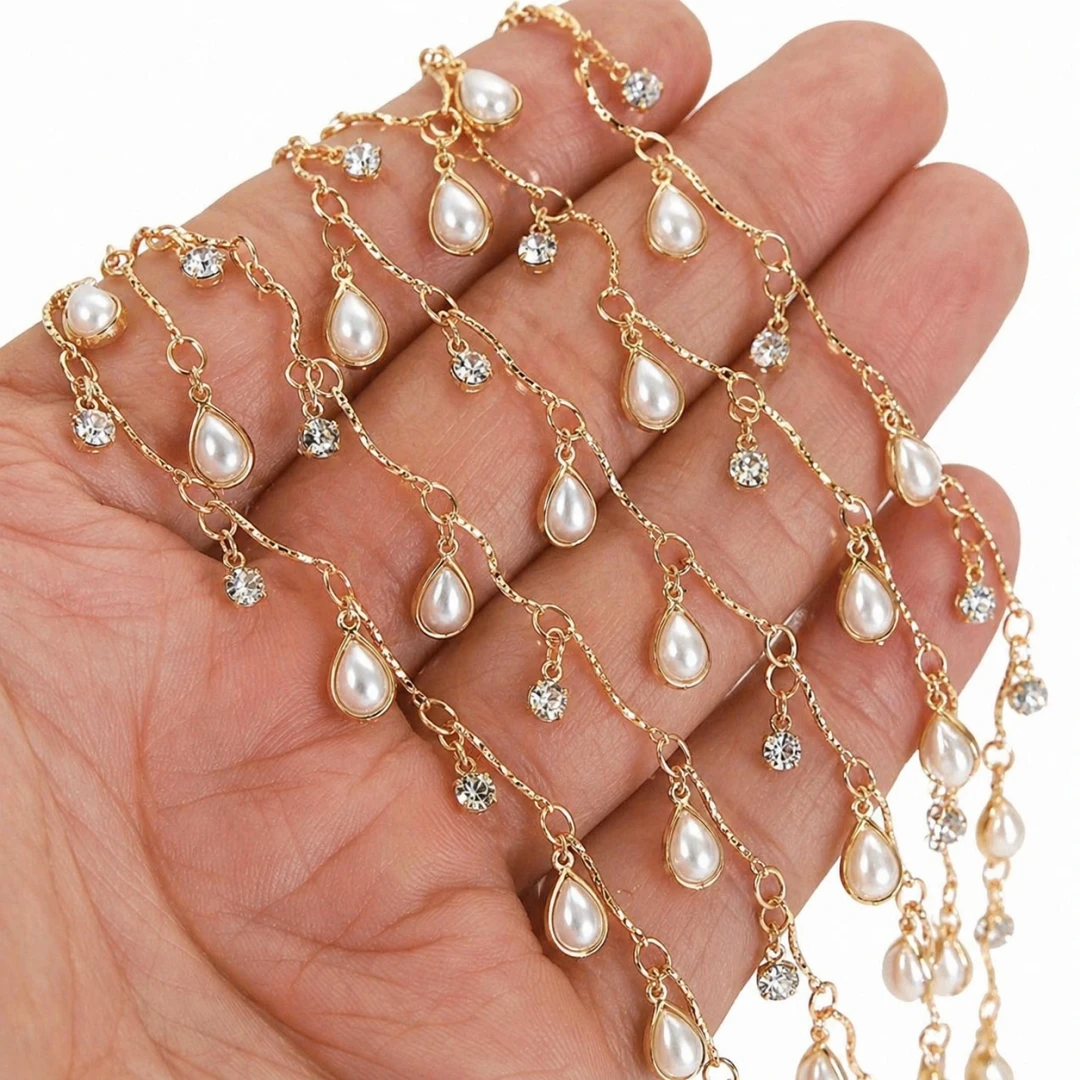 1meter Zircon Pearl Dangle Charms Bar Link Chains 18k Gold Plated Jewelry Chain Necklace for Women DIY Necklace Making Supplies