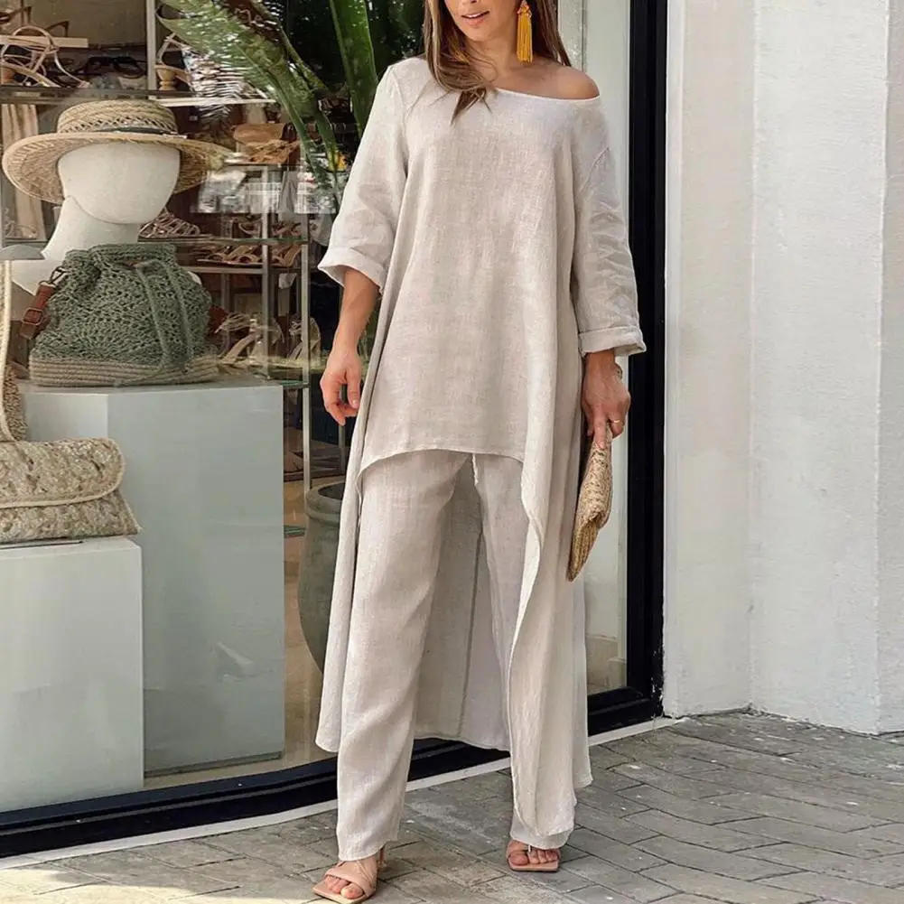 Autumn Two Piece Set Women Cotton Linen Wide Leg Pants Set Vintage Boho Shirt Dress Casual Loose Work Streetwear 2023 Suit