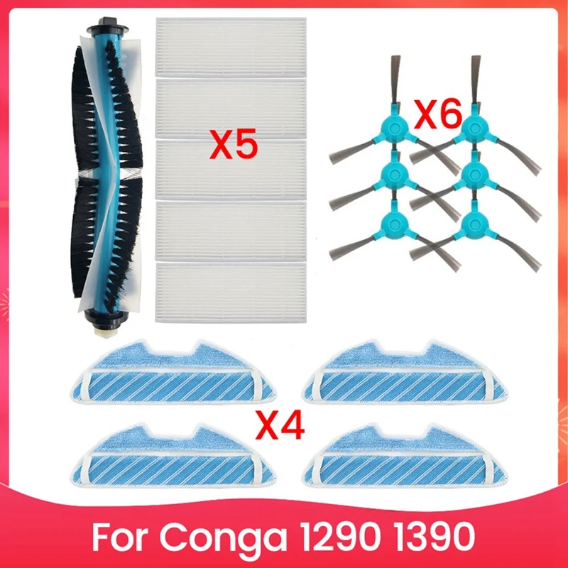 

ABFU-для робота-пылесоса Conga 1290 1390, основной ролик, боковая щетка, HEPA-воздушный фильтр, тканевая швабра, запасные части