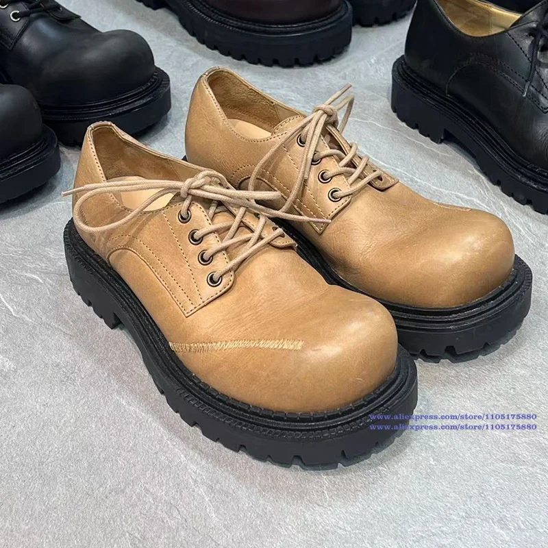 

Thick Sole Height Increasing Men's Derby Shoes New Style Big Round Toe Leather Shoes Retro British Style Single Shoes for Men