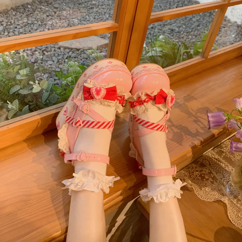 الحلو الفتيات لوليتا منصة مسطحة، الطالبات لطيف الدانتيل الفراولة Bowknots ماري جين الكاحل حزام مصعد الأحذية