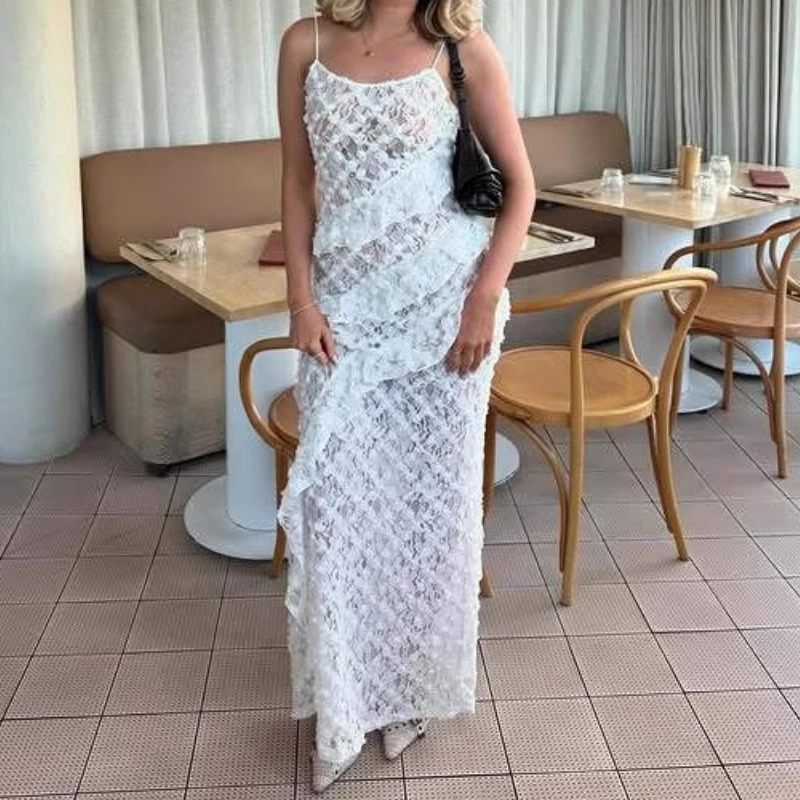 

2025 Design Sense Women's Popular Suspender Ruffle Dress, Backless Lace Sexy Hip Long Skirt