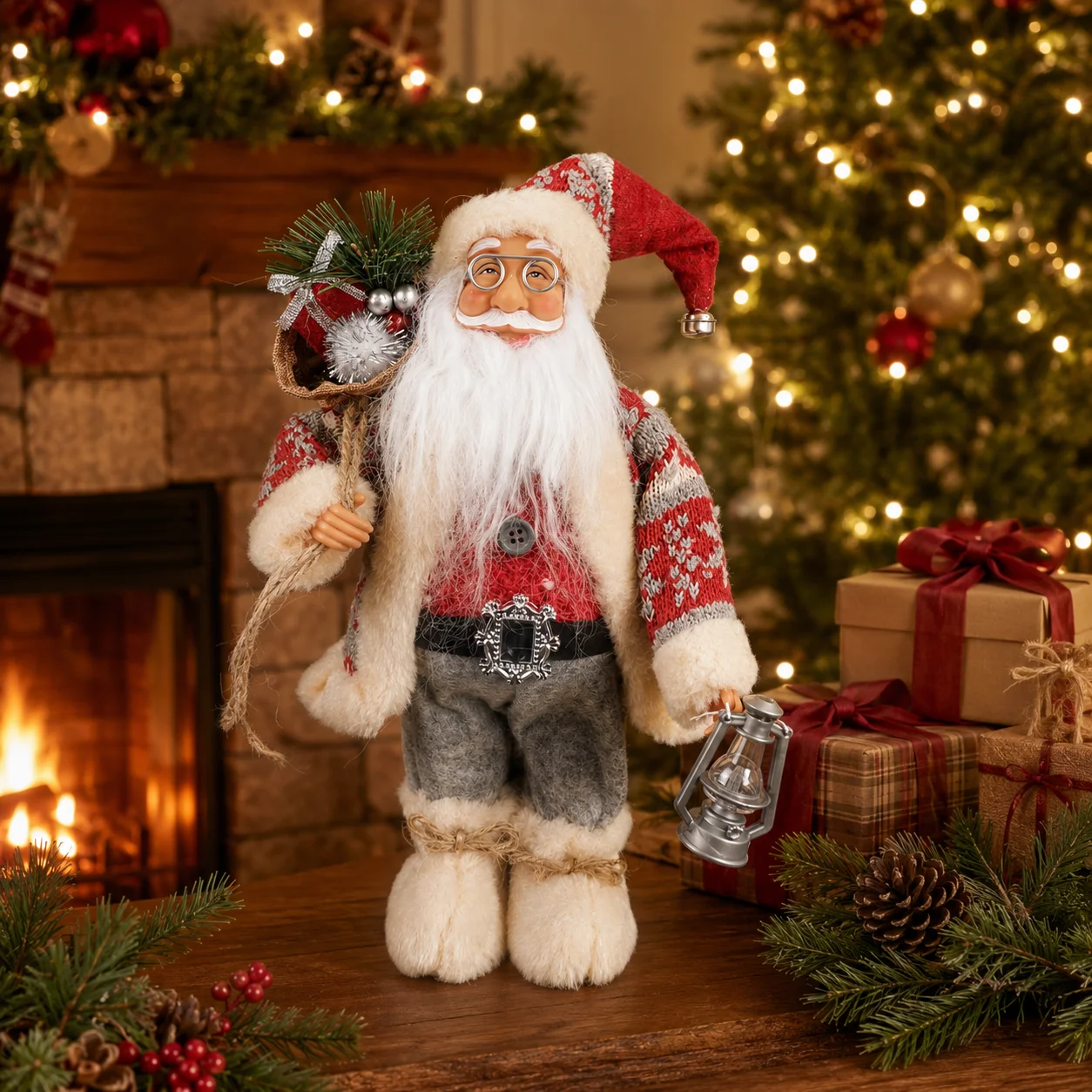 Christmas Santa Claus Figurine 30cm, Standing Santa Statue with Knitted Coat Gift Bag Lantern, Holiday Home Tabletop Decoration