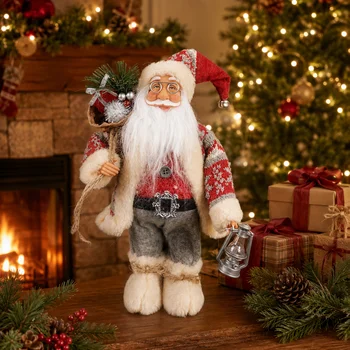 Christmas Santa Claus Figurine 30cm, Standing Santa Statue with Knitted Coat Gift Bag…