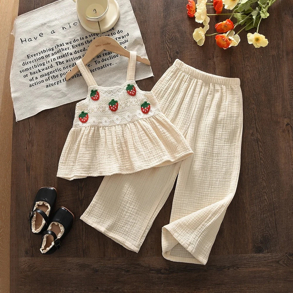 Summer New Casual Girl Clothes Strawberry Embroidery Camisole Top + Wide Leg Pants Two-piece Set Korean Version