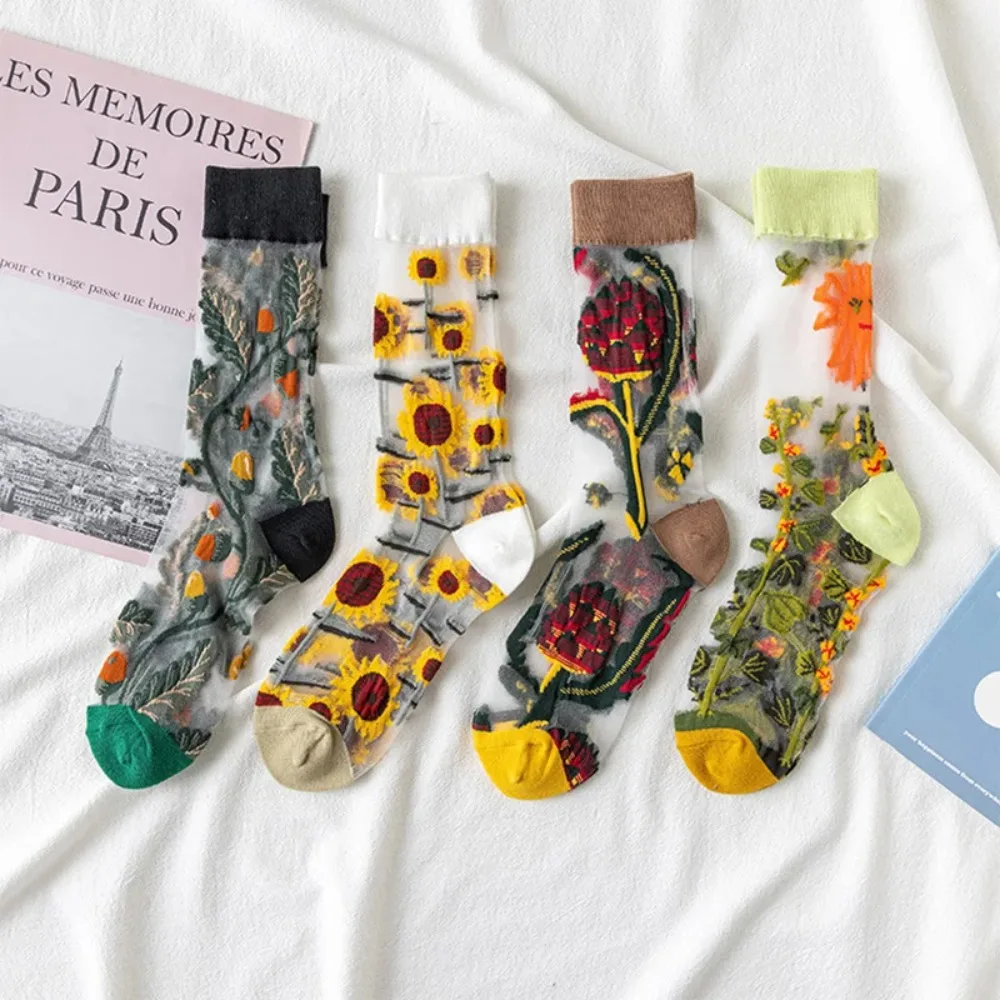 Women Socks Summer Floral Vine Embroidery Ultra-thin Transparent Crystal Silk Socks Harajuku Vintage Elastic Nylon Long Socks
