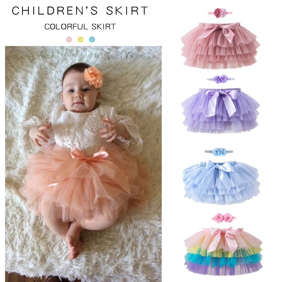 Baby Girl Colorful Tutu Skirt PP Pants Two-piece Set Litter Kids Mesh Skirt With Hair Band Baby Birthday Carnival Party Gowns