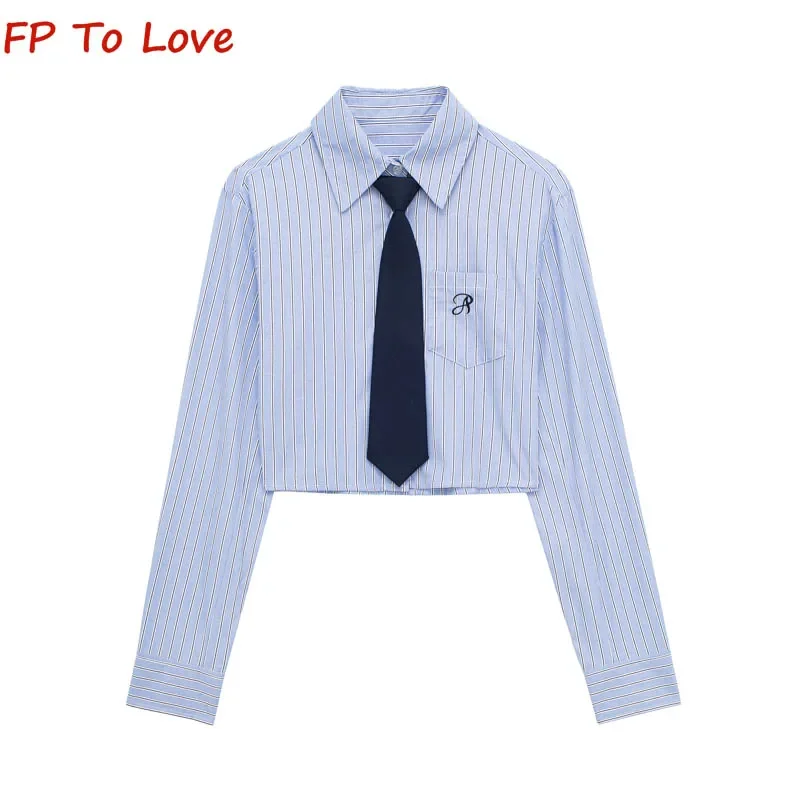 Girls College Style Short Blue Striped Embroidered Shirt Vintage Lapel Tie Trim White Long Sleeve Top