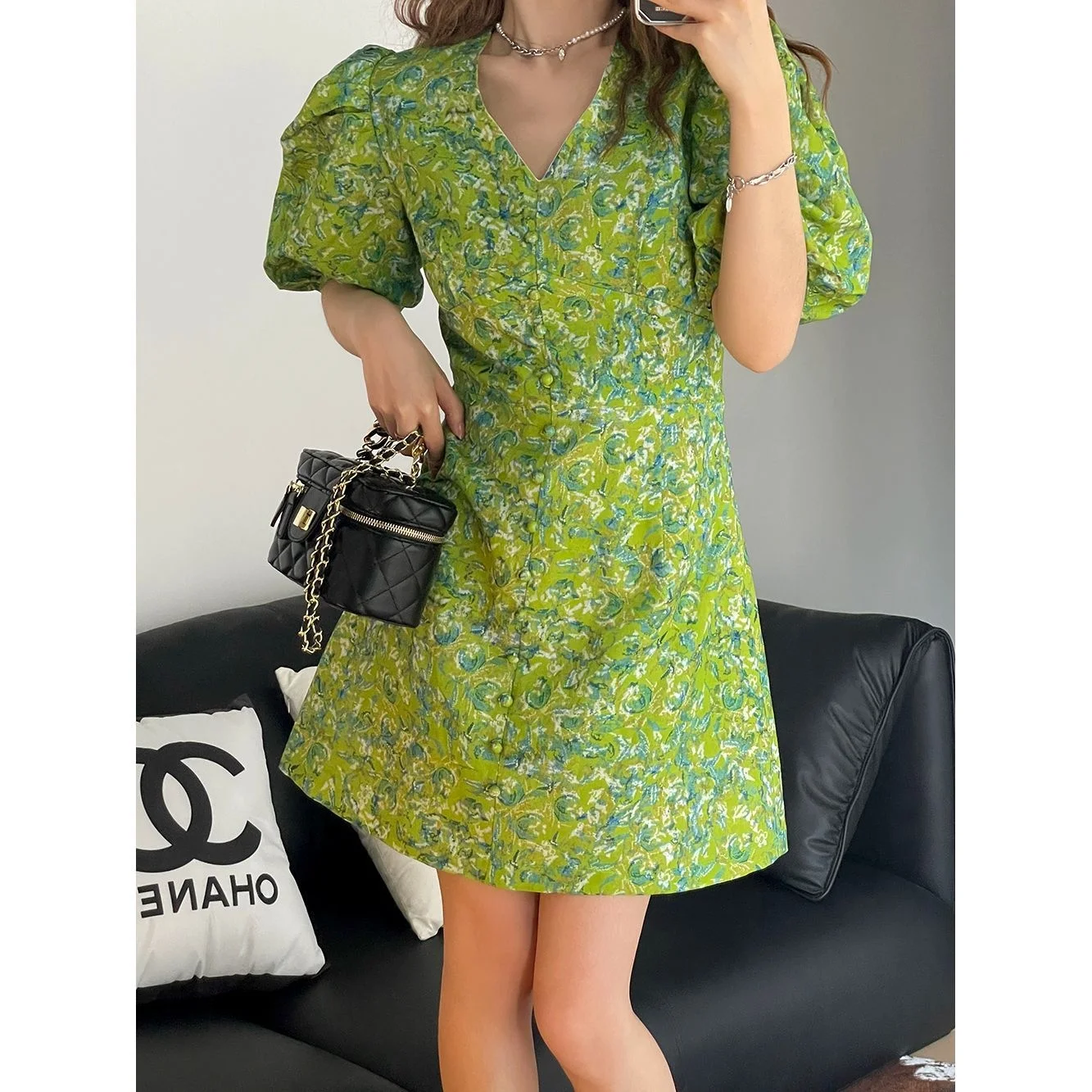 

Floral Print Puff Sve Waist Cinched V Ne ort Skirt High Waist Street Sle Summer Casual Pants High Waist Long Pants