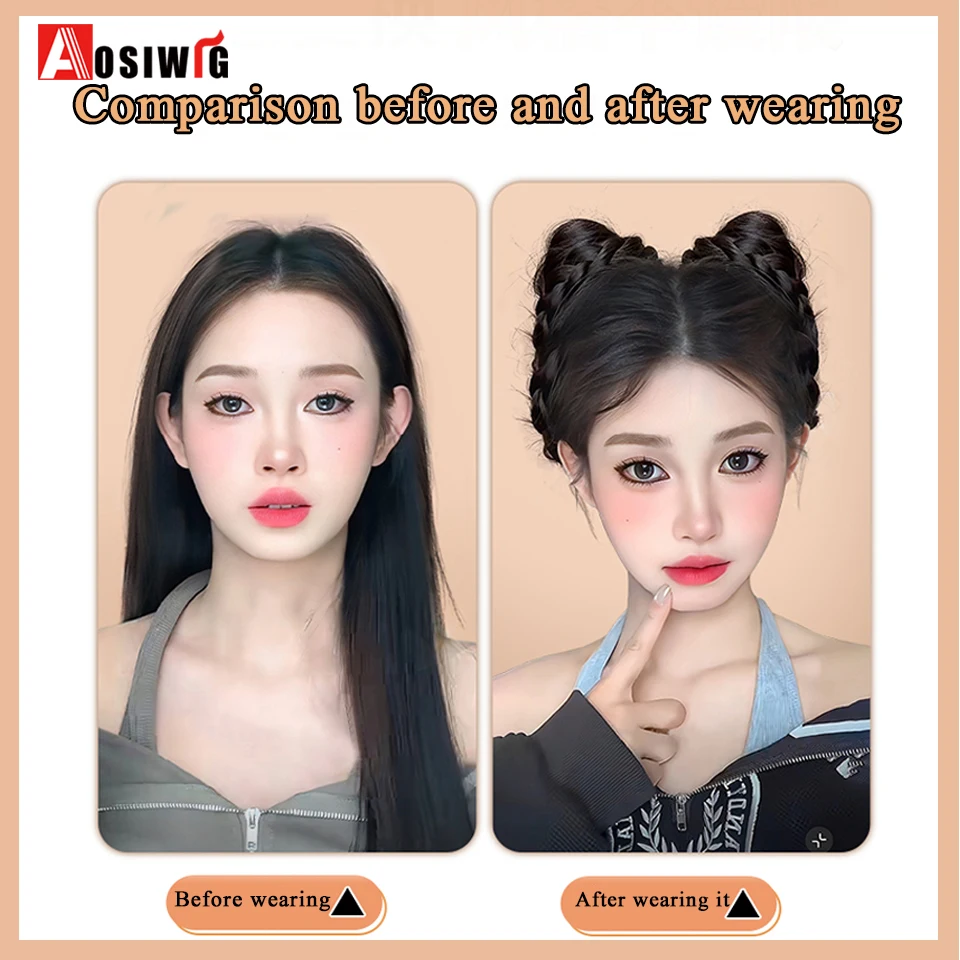 2PC Synthetic Drawstring Cat Ear Wig Bag Braided  hair Chignon Donut Braided Hairpieces Clip In Hair Bun For Daily wear Cute and