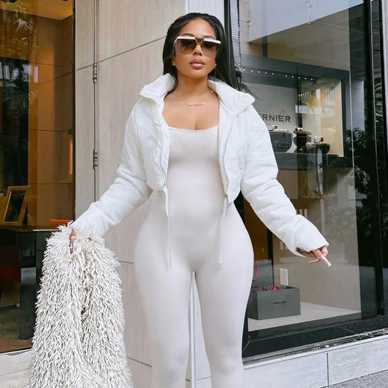 

Women Solid Cotton Padded Coat Slim Ribbons Stand Collar Long Sleeve Zipper Warm Parkas Jacket Casual Streetwear Outerwear