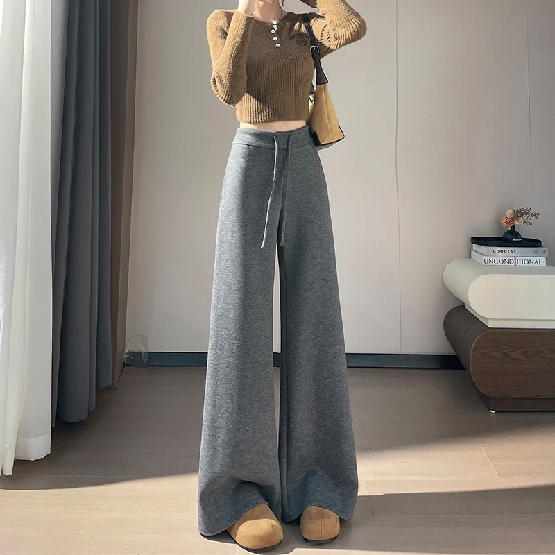 

American Retro High Waist Wide Leg Bell Bot Pants Women's Korean Sle Dstring Slimming Long Casual Trousers