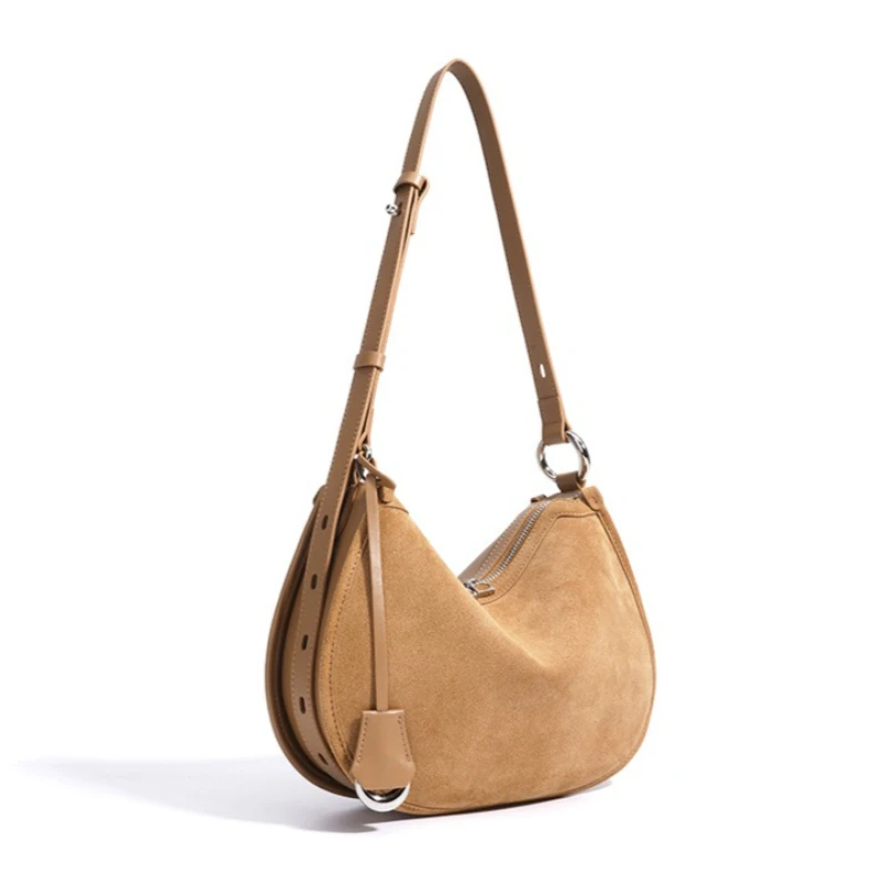 Vintage Soft Suede Leather Shoulder Bag for Women Genuine Leather Everyday Adjustable Crossbody Strap Luxury Handbag