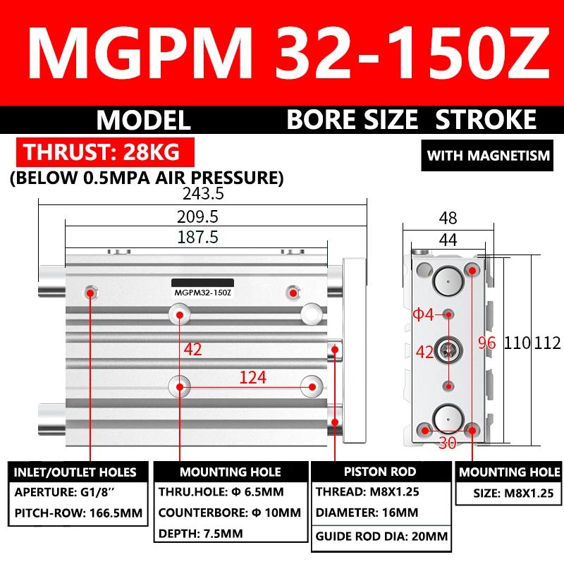 

Пневматический компактный направляющий цилиндр серии ABILKEEN MGPM MGPM32-150Z, диаметр 32 мм, ход х 150 мм, треххосевой трехштоковый воздушный цилиндр