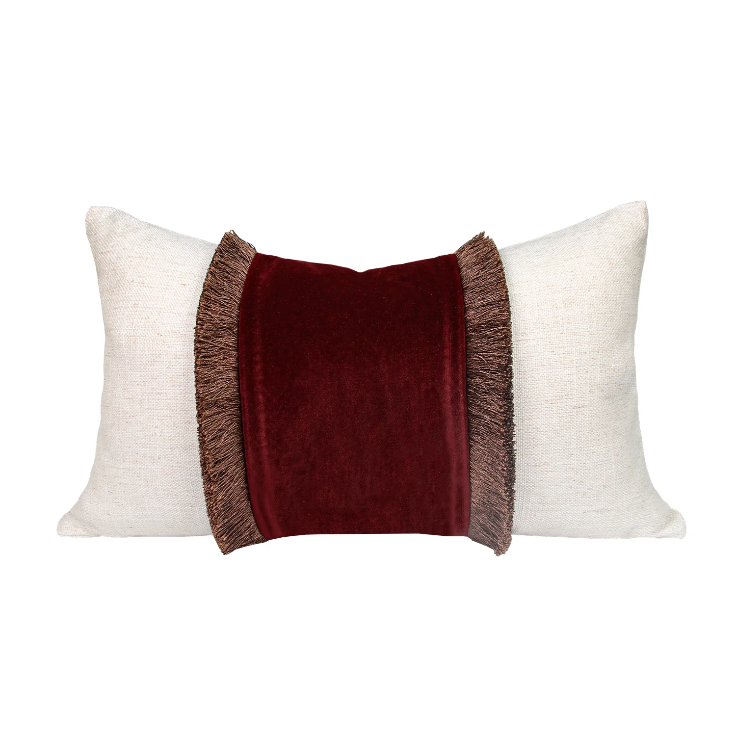 French Vintage Wine Red Velvet Spliced Linen Lumbar Pillow Cover With Two Side Fringe Decorative Cushion Cover For Sofa