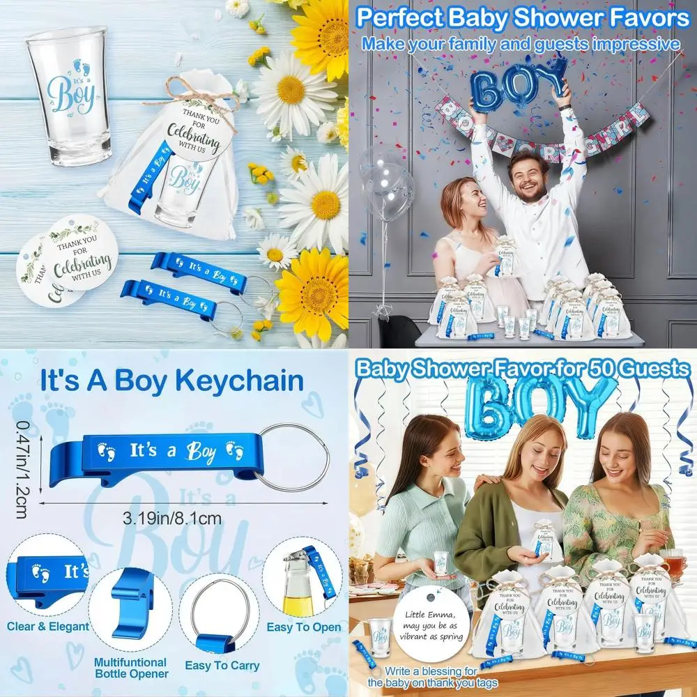 

50 Baby Shower Favors for 50 Guests: Boy Themed Shot Glasses, Bottle Opener Keychains, Floral Tags & Bags for Gender Reveal Part