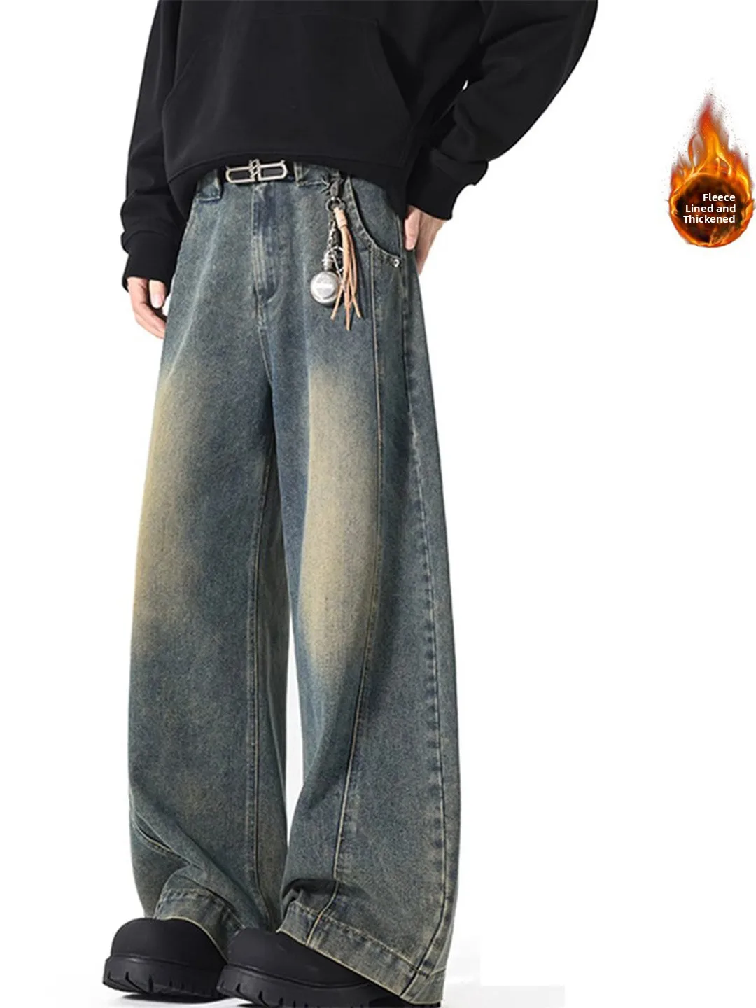 

Мужские джинсы в стиле ретро, американские, из денима, свободного прямого кроя, широкие штанины, зимние, утепленные, теплые, длинные брюки, модные