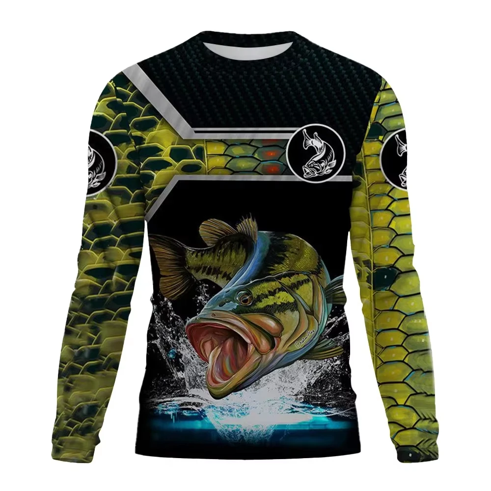 Men Long Sleeve Fishing Shirt Bass Fish Full Print Quick Dry Breathable Outdoor Sun Protection Fishing Jersey Angler Sports Top