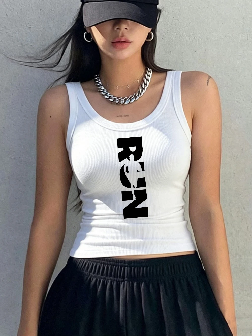 Run Creative Word Printed Tank Tops Summer Y2K Womens Ribbed Knit Sleeveless Korean O-Neck Soft Cotton Singlet Sporty Slim Vest