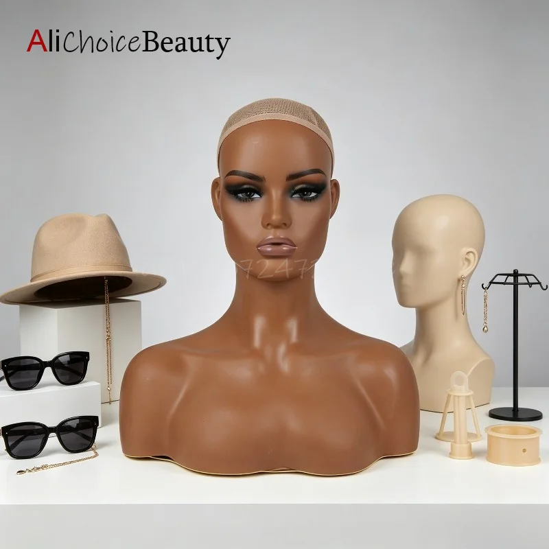 PVC Mannequin Head With Shoulder Half Body Mannequin Head With Realistic Make Up For Beauty Accessories Displaying