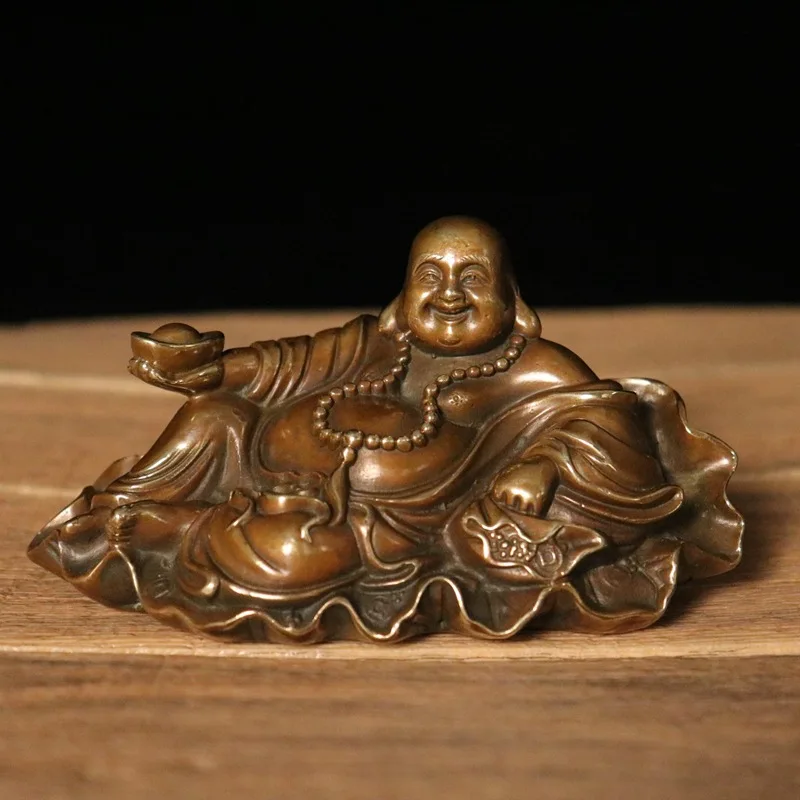 Antique Copper Lotus Sitting Maitreya Statue Laughing Big Belly Buddha Home Store Decoration Craft Gift