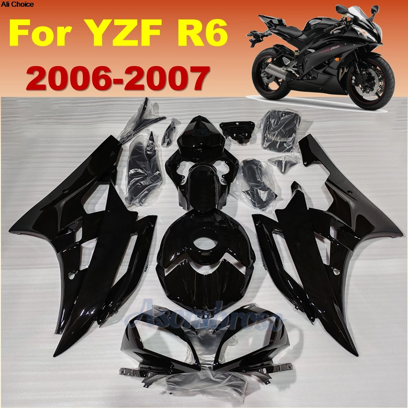 

YZF-R6 Motorcycle Fairing Kit For Yamaha YZF R6 RJ11 2006 2007 YZFR6 06 07 Gloss Black Complete Replace Bodywork Set