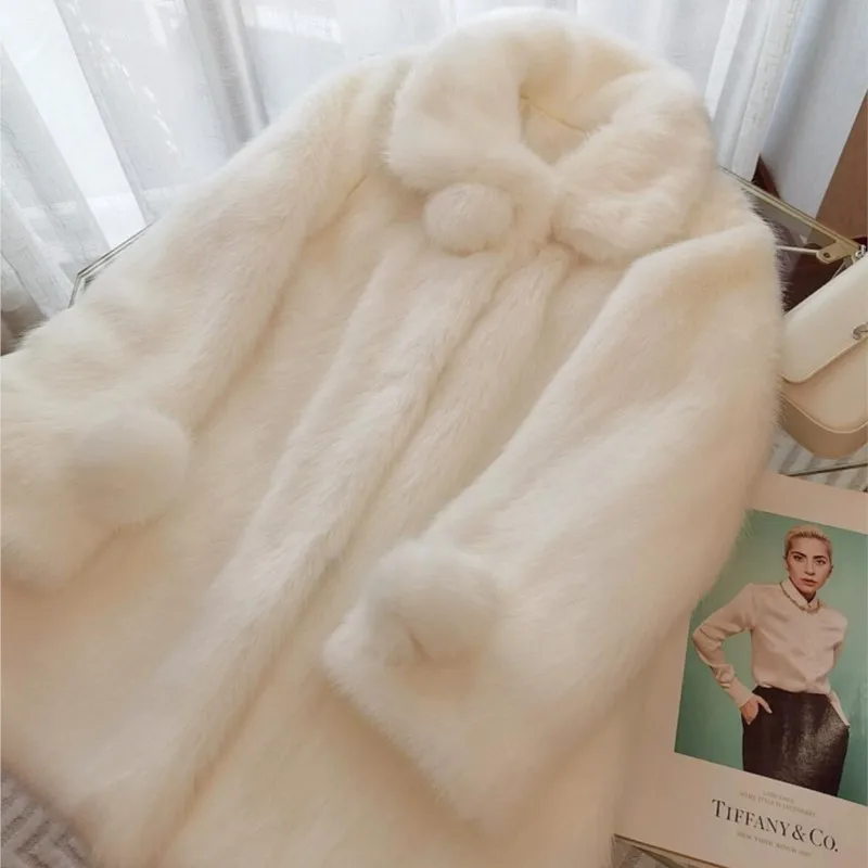 HIGH QUALITY Winter White Hairy Shaggy Faux Fur Jacket Ball Lapel Collar Full sleeve Furry Faux Fur Coat Party Long Outercoat