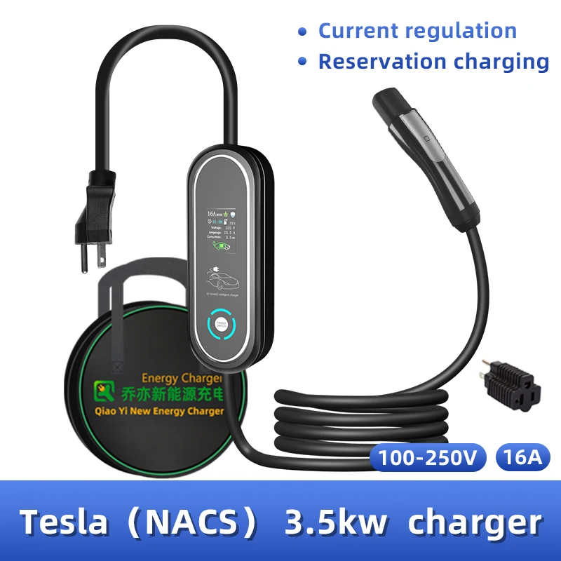 

EV charger tesla 16A Home Portable supports current regulation 100-250V with 5-15 and 6-20 plugs. Model 3,Y,X,S,Cybercab